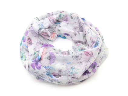 Tunelová šála - bílo-fialová s květinovým vzorem