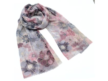 Šála klasická - šedo-růžová s květinovým vzorem