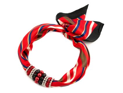 Šátek s bižuterií Letuška - červeno-černý s pruhy