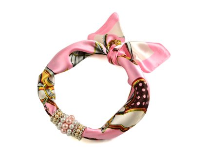 Šátek s bižuterií Letuška - růžovo-bílý s potiskem