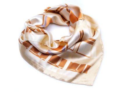 Šátek saténový - béžový s geometrickým potiskem