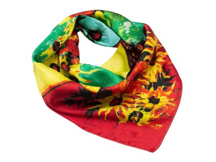 Šátek saténový - červeno-zelený s květinovým potiskem