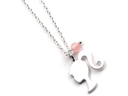 5055583454080 Náhrdelník stříbrný se siluetou a růžovým korálem, Barbie