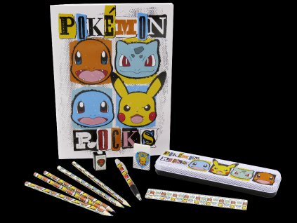 Školní set s kovovým pouzdrem + blok + pastelky + pero, velký, Pokémon