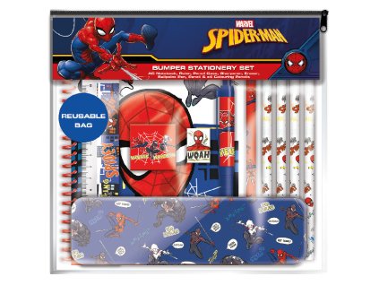 Sada školních pomůcek: kovový penál + blok + pravítko + pastelky, Spider-Man
