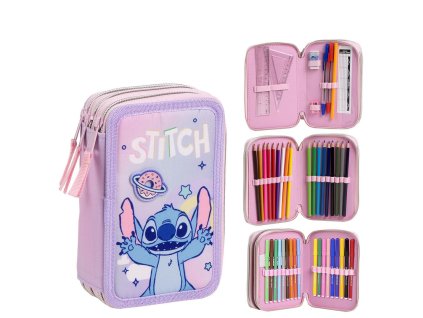 Penál třípatrový vybavený růžový, Stitch