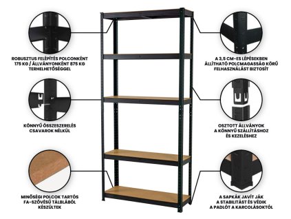 Állvány 1800x900x400 mm lakkozott 5-polc, teherbírás 875 kg