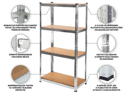 AKCIÓ: Salgó polc 1800×900×300 mm horganyzott 4-polcos, teherbírás 700 kg
