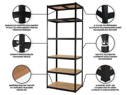 Lakkozott fém Salgó polc 2200×900×500 mm, 6 polcos, teherbírás 1050 kg - FEKETE