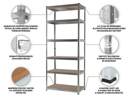 Horganyzott fém Salgó polc 2200x900x600 mm, 6 polcos, teherbírás 1050 kg