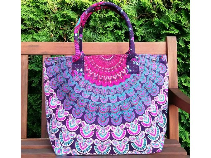 Mahari -  Textilní taška s mandalou - růžovo-fialová, velká kabelka, plážová taška, indická kabelka, DOPRAVA ZDARMA