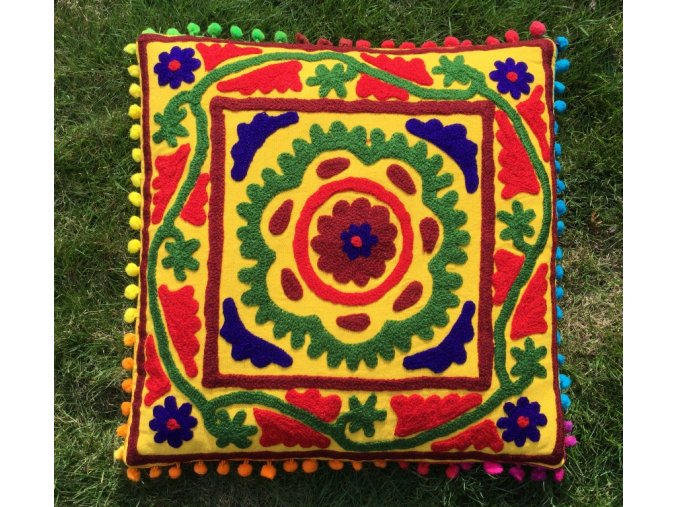 Dekorační povlak na polštář - tradiční indická výšivka, indický meditační polštář, žlutý, doprava zdarma