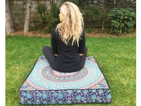 Mahari - Mandala povlak na sedací meditační indický polštář, čtvercový modro-hnědý, bavlna, doprava zdarma