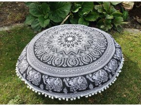 Mandala povlak na sedací meditační indický polštář s pompomy, černý slon, bavlna, doprava zdarma