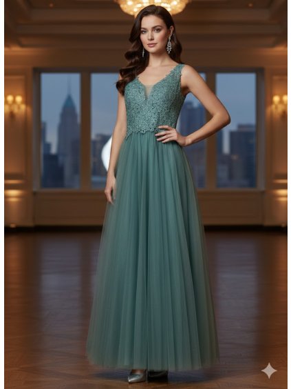 Dámské společenské dlouhé šaty s perličky a krajkou - 9378