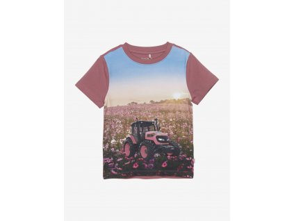 Minymo - Dívčí tričko s krátkým rukávem - Tmavě růžový traktor na louce