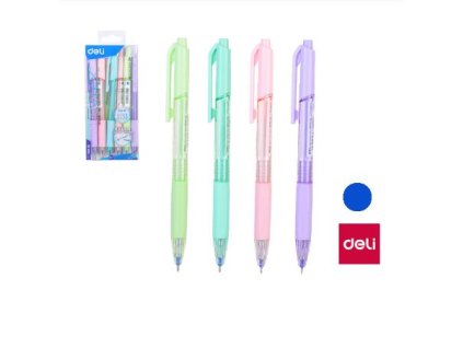 Kuličkové pero DELI Q199-BL s modrým inkoustem, pogumovaným úchopem a stiskacím mechanismem – mix barev z www.majjam.cz