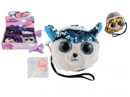 Peněženka dívčí zvířátko látková s flitry 10x10cm s doplňky do vlasů - MIX