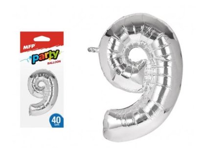 Balónek č. 9 nafukovací fóliový 40 cm - stříbrný