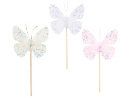Zápich - Motýlek s flitry a peřím - 7 cm + špejle