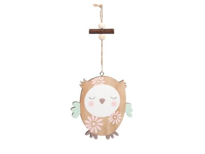 Záves dřevo sova 10cm natur - zavřené oči