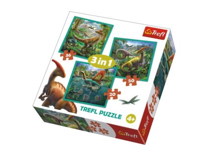 Puzzle 3v1 Svět dinosaurů – dětské puzzle pro děti od 3 let, tři obrázky s dinosaury s různou obtížností 20, 36 a 50 dílků, rozměr krabice 28x28x6 cm, EAN 5900511348378, dostupné na www.majjam.cz a v obchodě Vamberk Husovo náměstí 3
