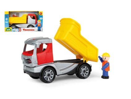 Plastový sklápěč Truckies 22 cm s figurkou, mechanicky funkční stavební auto pro děti od 2 let, rozměr balení 26x10x14,5 cm, EAN 4006942841103, dostupné na www.majjam.cz a ve Vamberku Husovo náměstí 3