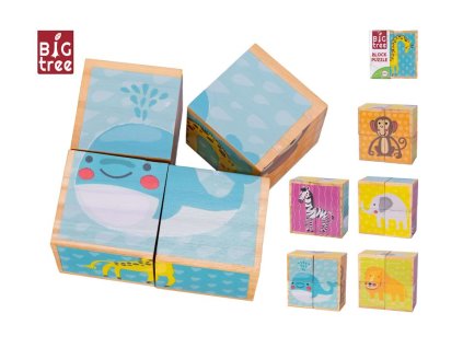 Dřevěné kostky Big Tree se zvířátky, 4 kusy ve fólii, rozměr 10×10×5 cm, edukační hračka pro děti od 24 měsíců, EAN 8713219379004 – dostupné na majjam.cz