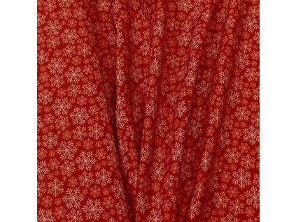 Plátno s motivem bílých sněhových vloček na červeném podkladu – vánoční metráž z www.majjam.cz