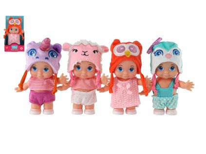 Panenka / miminko 15 cm s čepicí se zvířátkem – pevné plastové tělo, 4 druhy v krabičce z www.majjam.cz  👶Panenka miminko s čepicí plast pevné tělo 15cm 4 druhy v krabičce 9x16x6cm