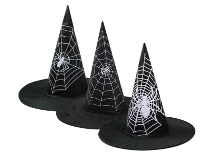 Čarodějnický klobouk s bílým potiskem, mix barev, výška 34 cm, průměr 38 cm – doplněk na karneval | www.majjam.cz