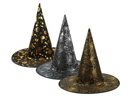Čarodějnický klobouk s metalickým potiskem, výška 34 cm, průměr 38 cm, mix barev – doplněk na karneval | www.majjam.cz