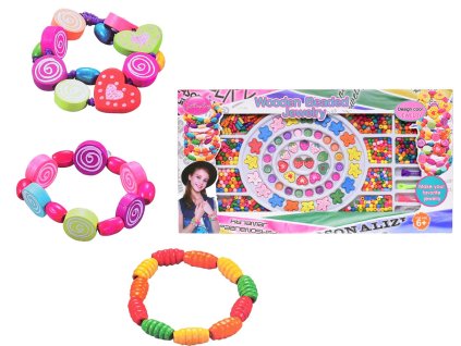 Korálky dřevěné navlékací – kreativní hračka na výrobu náramků a šperků, baleno v krabičce z www.majjam.cz