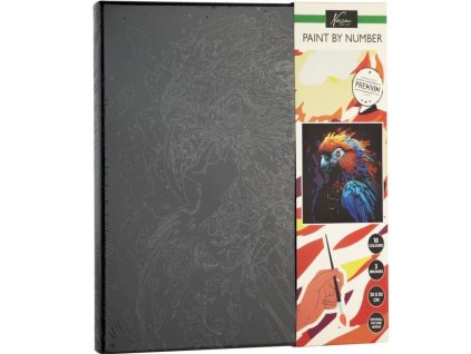 Malování podle čísel papoušek – sada na černém plátně 30×30 cm s akrylovými barvami, štětci a háčky pro barevný tropický obraz – www.majjam.cz