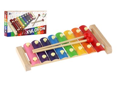 Barevný dětský xylofon z dřeva a kovu s paličkami – ideální první hudební nástroj pro rozvoj rytmu, kreativity a hudebního sluchu | www.majjam.czXylofon dřevo kov 24cm s paličkami v krabici 25x13x4cm