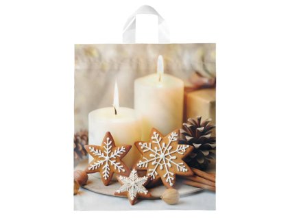 Vánoční igelitová taška s uchem 40×46×8 cm – elegantní taška s motivem svíček a perníčků pro adventní nákupy z www.majjam.cz