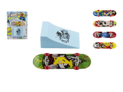 Prstový skateboard 10 cm s rampou a nástroji, mix barev – www.majjam.czSkateboard prstový s rampou plast 10cm mix barev na kartě