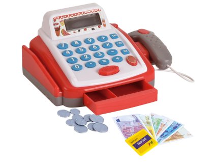 Malá dětská digitální pokladna se světlem, zvukem, zásuvkou na peníze a doplňky pro hraní na obchod z www.majjam.czPokladna malá digitální plast 18cm s doplňky na baterie se zvukem se světlem v krabici 22x15x18cm (2)