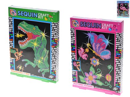 Kreativní sada s flitry – třpytivý obrázek 23 × 32,5 cm, varianty motýl a dinosaurus, baleno v krabičce – z www.majjam.cz