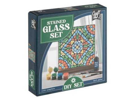 Vitráž skleněná dekorace v dřevěném stojánku – kreativní sada na malování na sklo