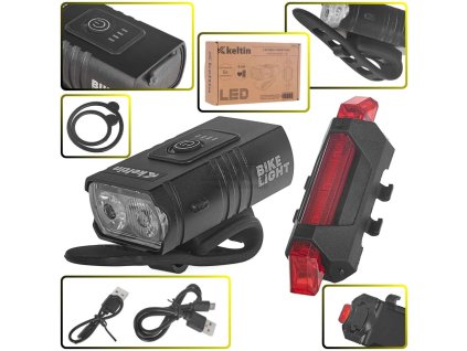 Vodotesné predné svetlo na bicykel (800lm/900mAh) + zadné svetlo (120lm/120mAh), KELTIN