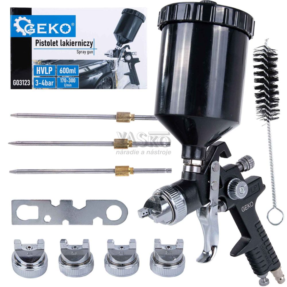 Striekacia pištoľ HVLP s hornou plastovou nádobkou 600 ml, 4 trysky, GEKO