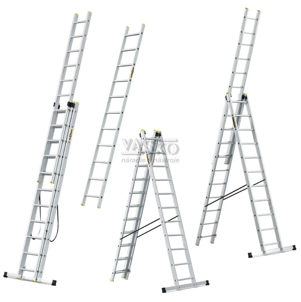 Rebrík hliníkový s úpravou na schody 3 x 9 stupne, 247/298/405 cm, nosnosť 150 kg, VASKO