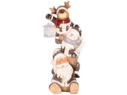 Dekorácia MagicHome Vianoce, Santa, sob a snehuliak s lampášikom, 1 LED, 2xAAA, keramika, 29x24x66 c