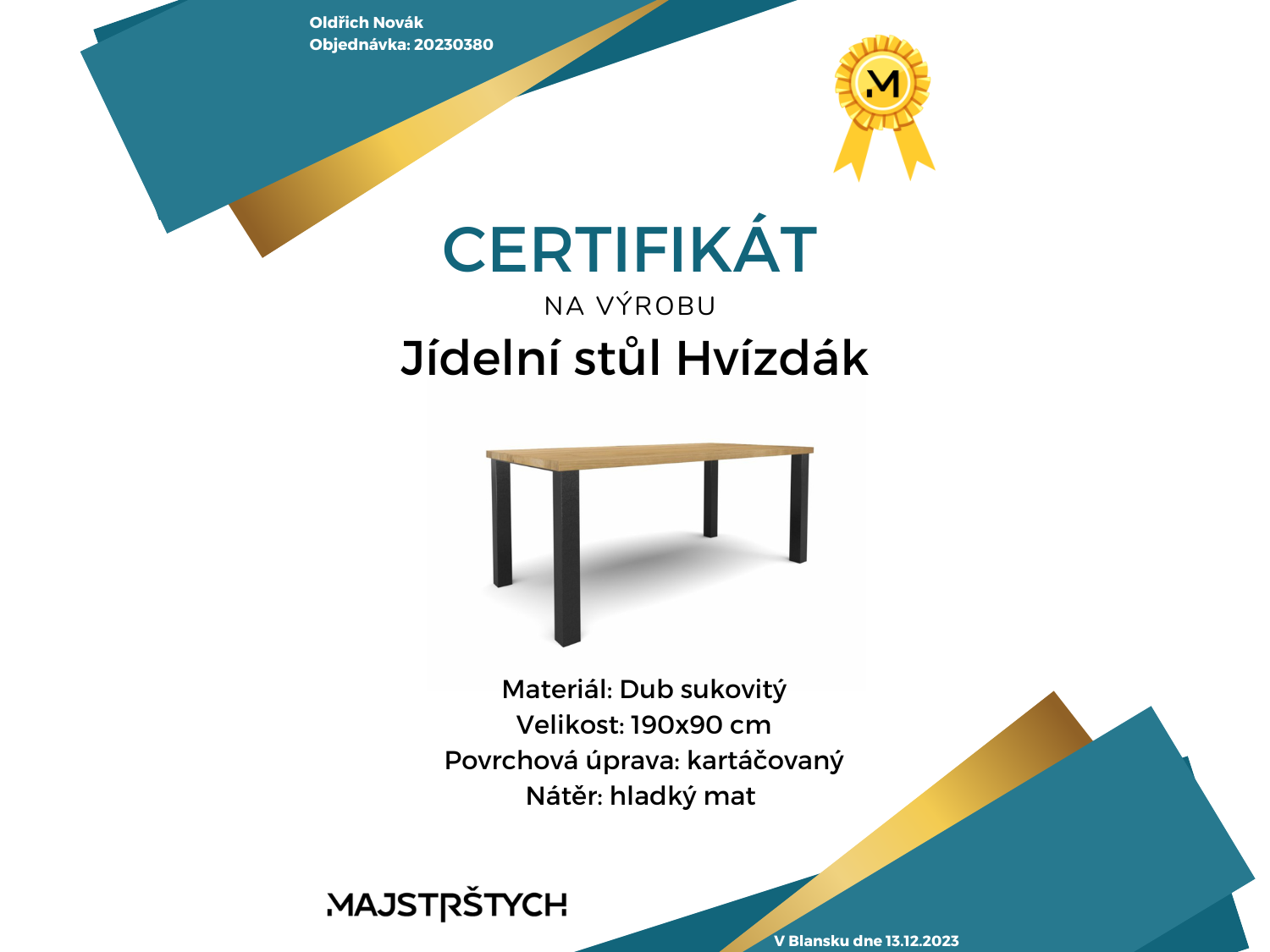 Certifikát o výrobě nábytku jako vánoční dárek