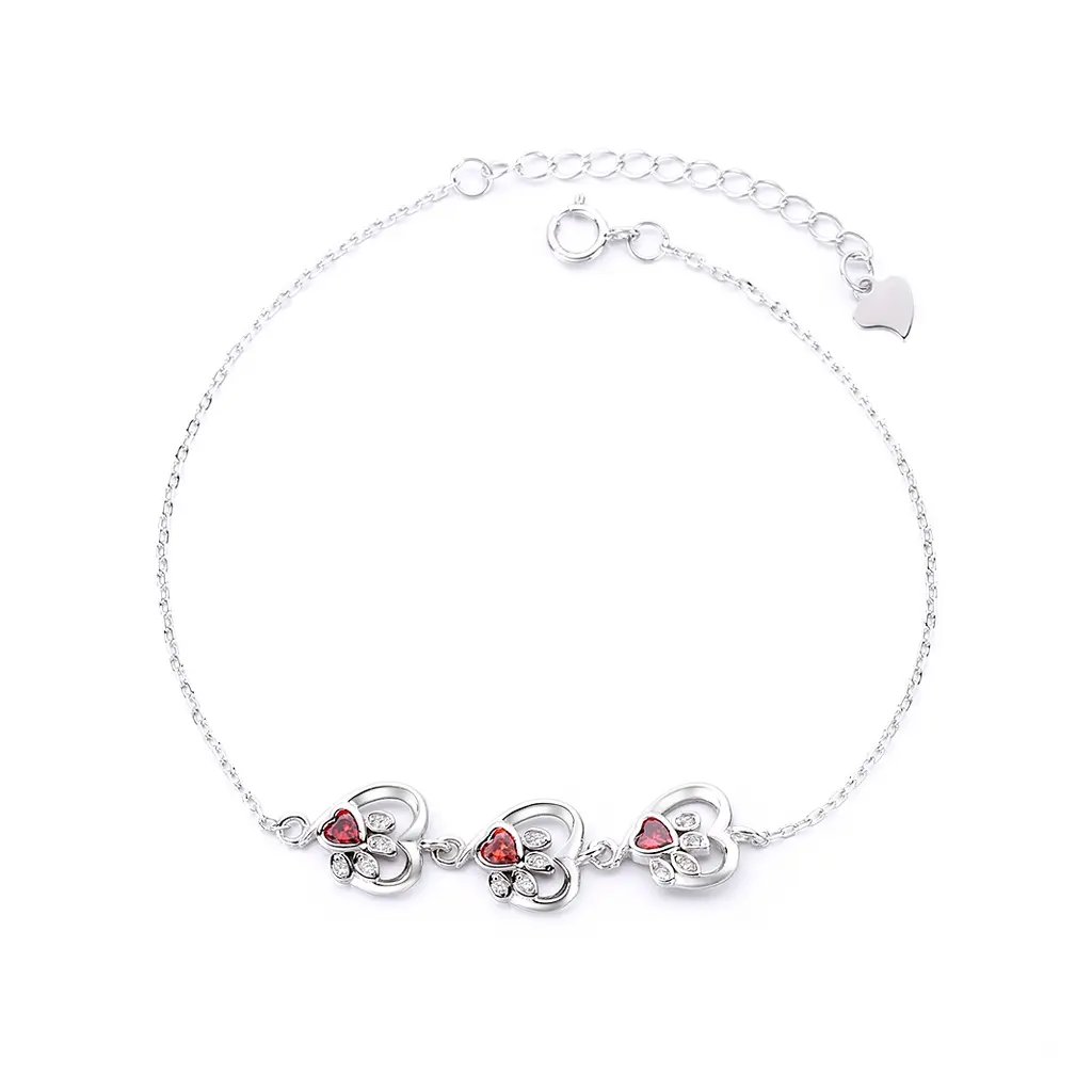 10095 Wspaniała srebrna bransoletka Trzy serca z czerwonymi i przezroczystymi cyrkoniami dla kobiet by majyacz