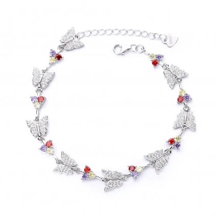 10093 Piękna srebrna bransoletka z motylem i kolorowymi cyrkoniami dla kobiet jako prezent na majówkę