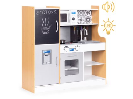 Dětská kuchyňka se zvukem a LED tabule s křídami, kovové doplňky