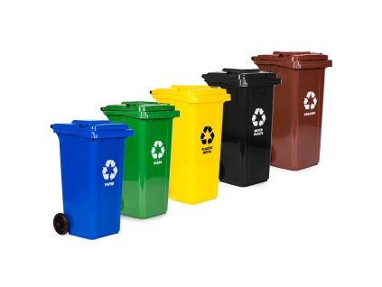 Sada 5 popelnic, nádoby 5x120 l, modrá, zelená, žlutá, černá, hnědá, papír, sklo, plast, smíšený odpad, BIO, gumová kola