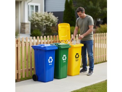 Sada 3 popelnic, nádoby 3x120 l, modrá, zelená, žlutá, papír, sklo, plast, gumová kolečka
